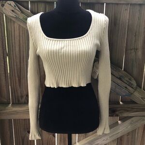 Altar’d State Khaki Long Sleeve Ribbed Sweater Cropped Top Size M